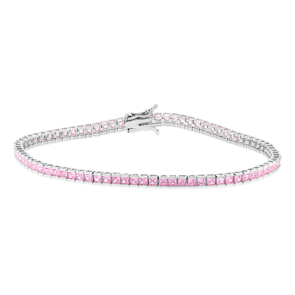 19cm 9ct White Gold 2mm Square Pink Cubic Zirconia Sparkling Tennis Bracelet