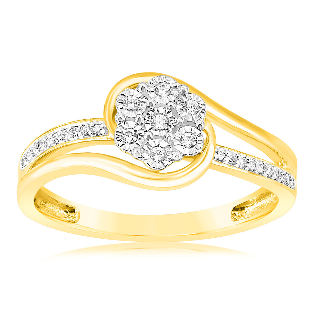 Stunning 1/10 Carat Diamond Embellished Dress Ring Crafted in 9 Carat Yellow Gold