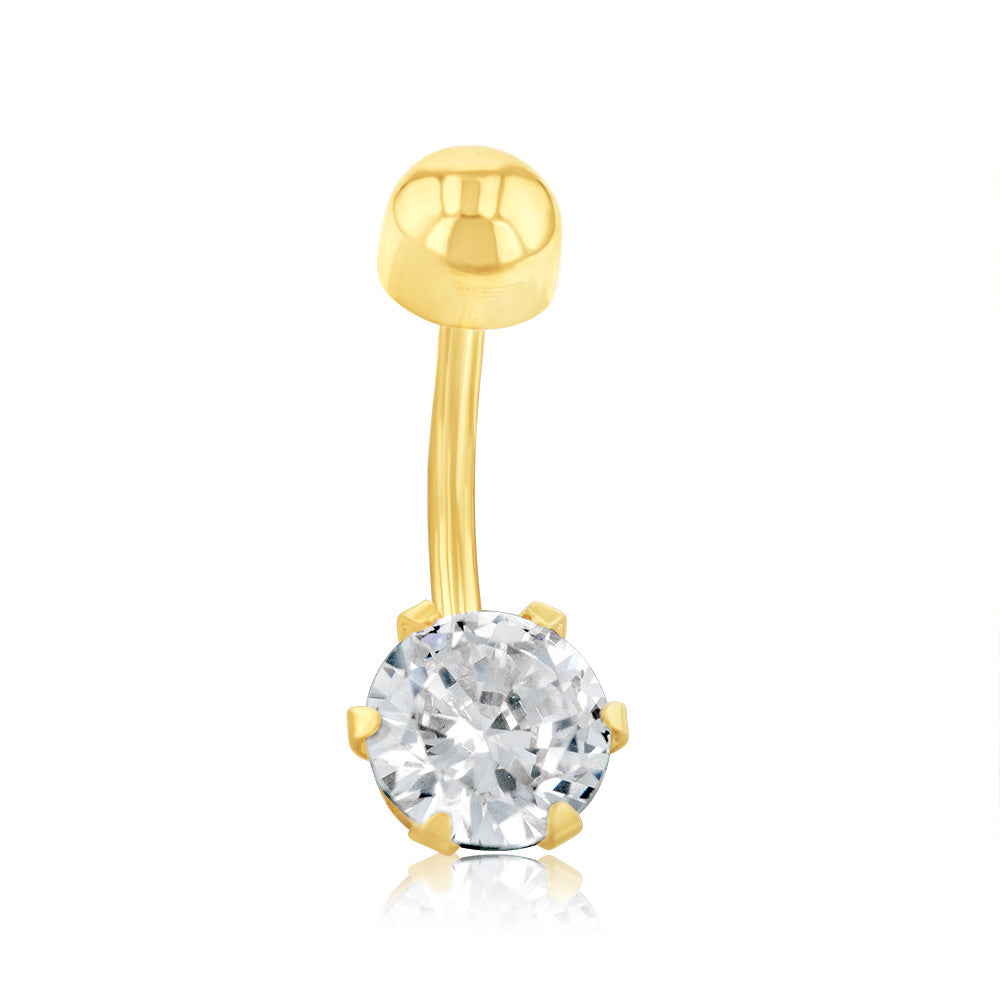 Gorgeous 9ct Yellow Gold 6mm Round Cubic Zirconia 6-Claw Belly Bar for Any Occasion