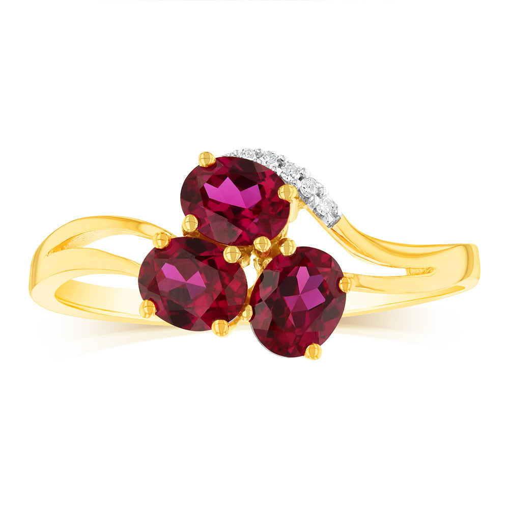 Stunning 9ct Yellow Gold Ring with 1.19Ct Lab - Created Ruby and 5 Diamonds