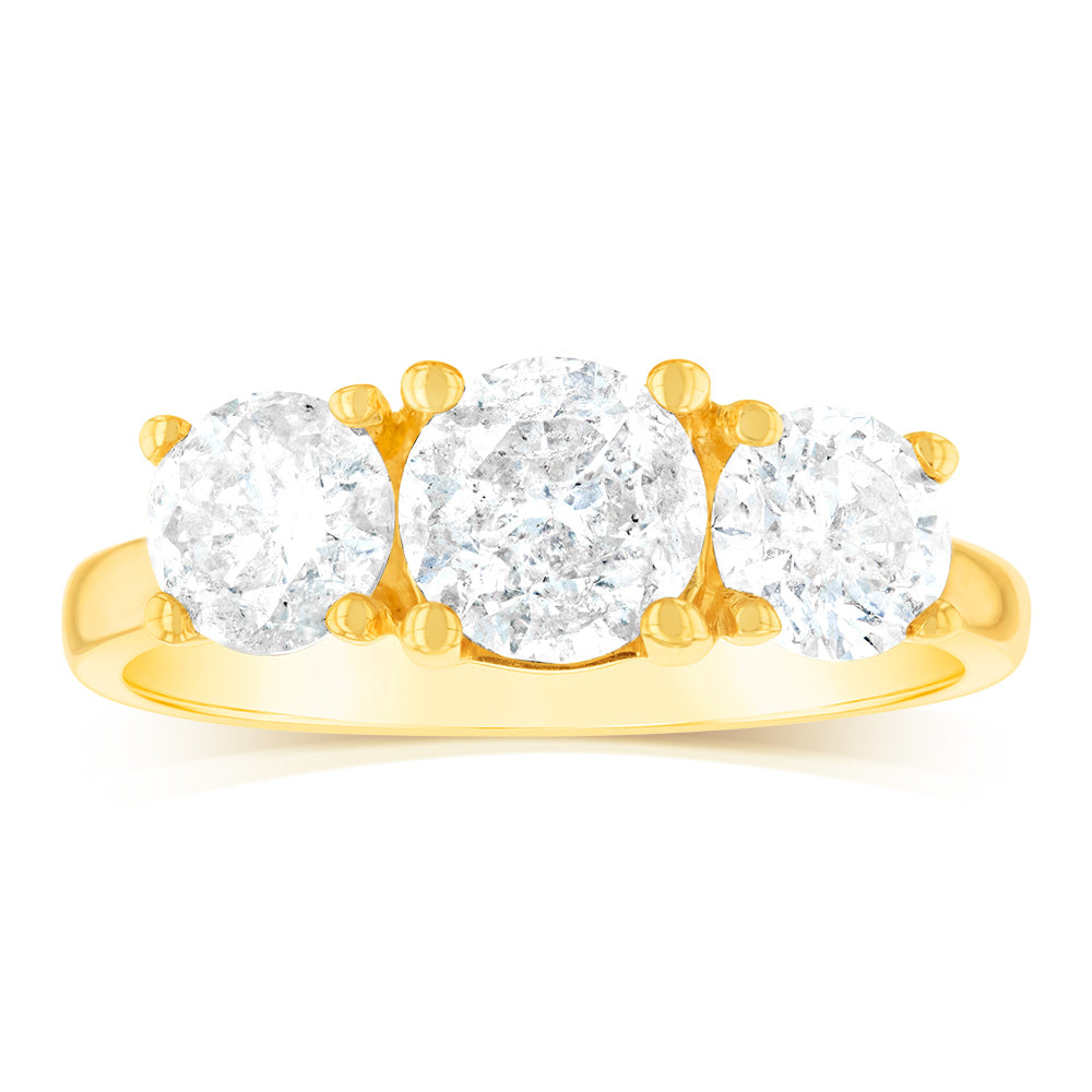 Exquisite 14 Carat Yellow Gold Two-Carat Diamond Trilogy Engagement Ring Featuring Three Round Brilliant Cut Diamonds