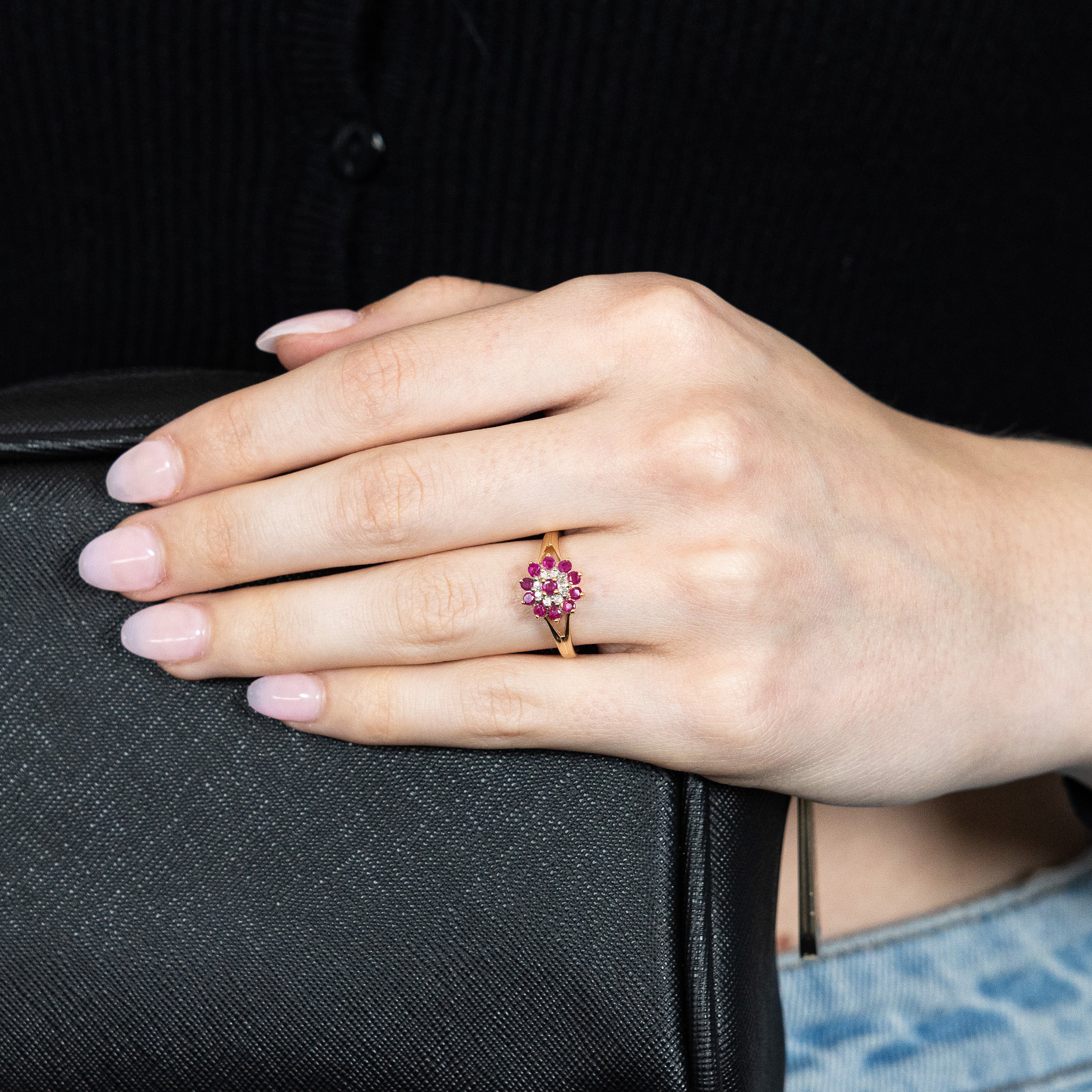 Exquisite 9ct Yellow Gold Ring with Natural Ruby and Diamond Cluster