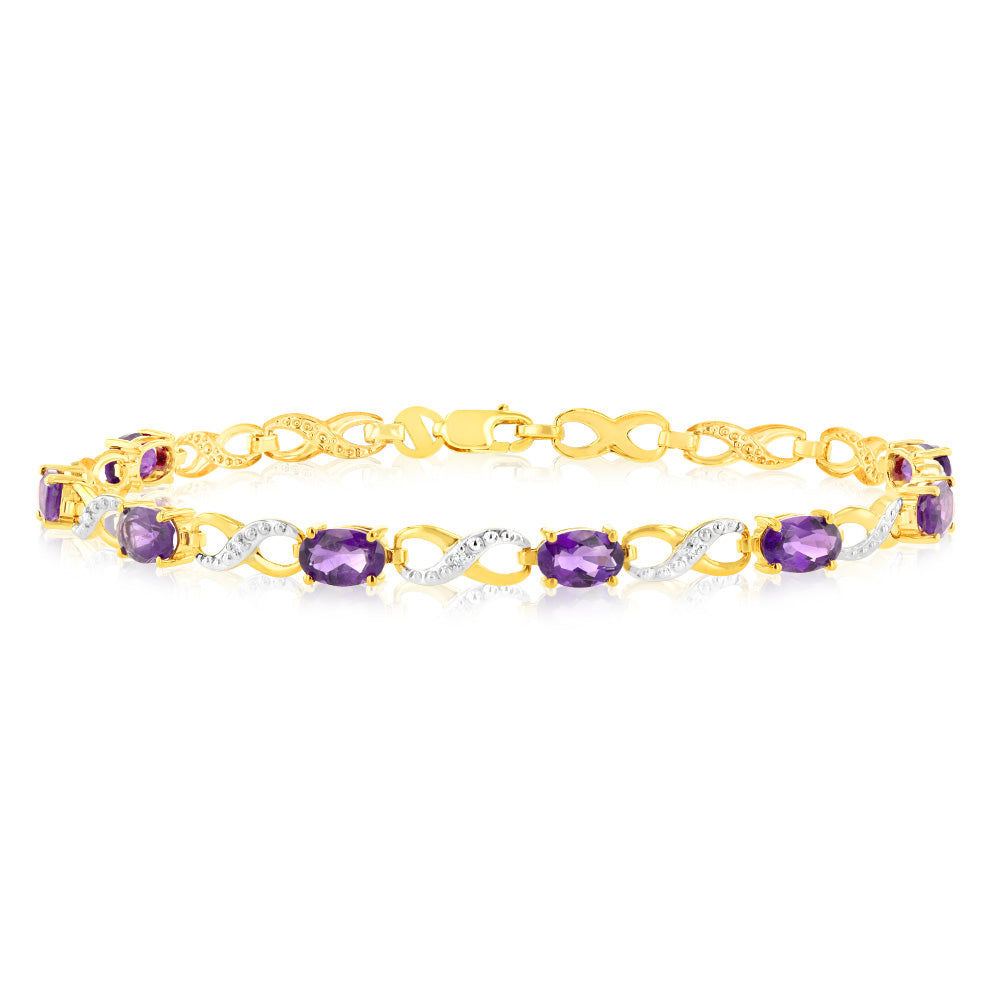 Stunning 9ct Yellow Gold Bracelet Featuring Natural Amethyst and Diamonds in an Infinity Design