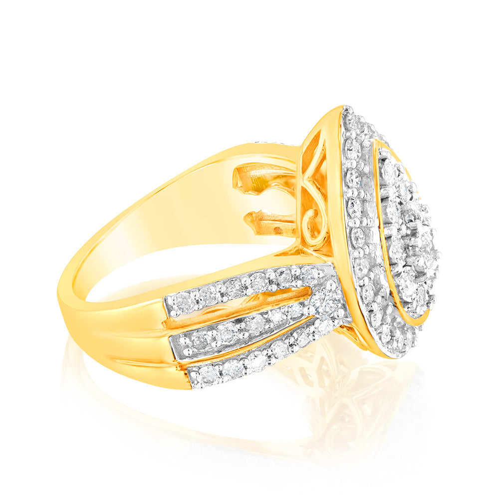 Exquisite 1 Carat Diamond Cluster Engagement Ring Featuring 69 Round Brilliant Cut Diamonds Set in 9ct Yellow Gold