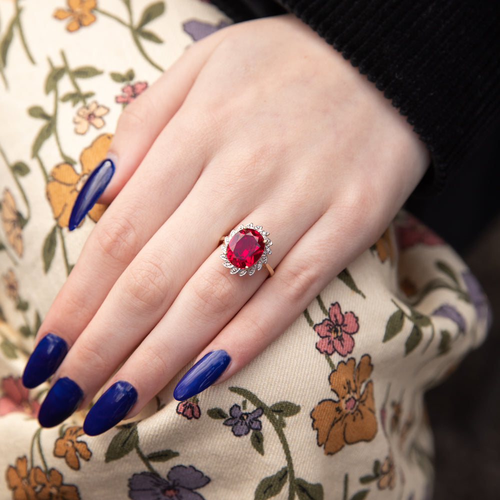 Stunning 9ct Yellow Gold Ring with Lab - Created Rubies and Diamonds