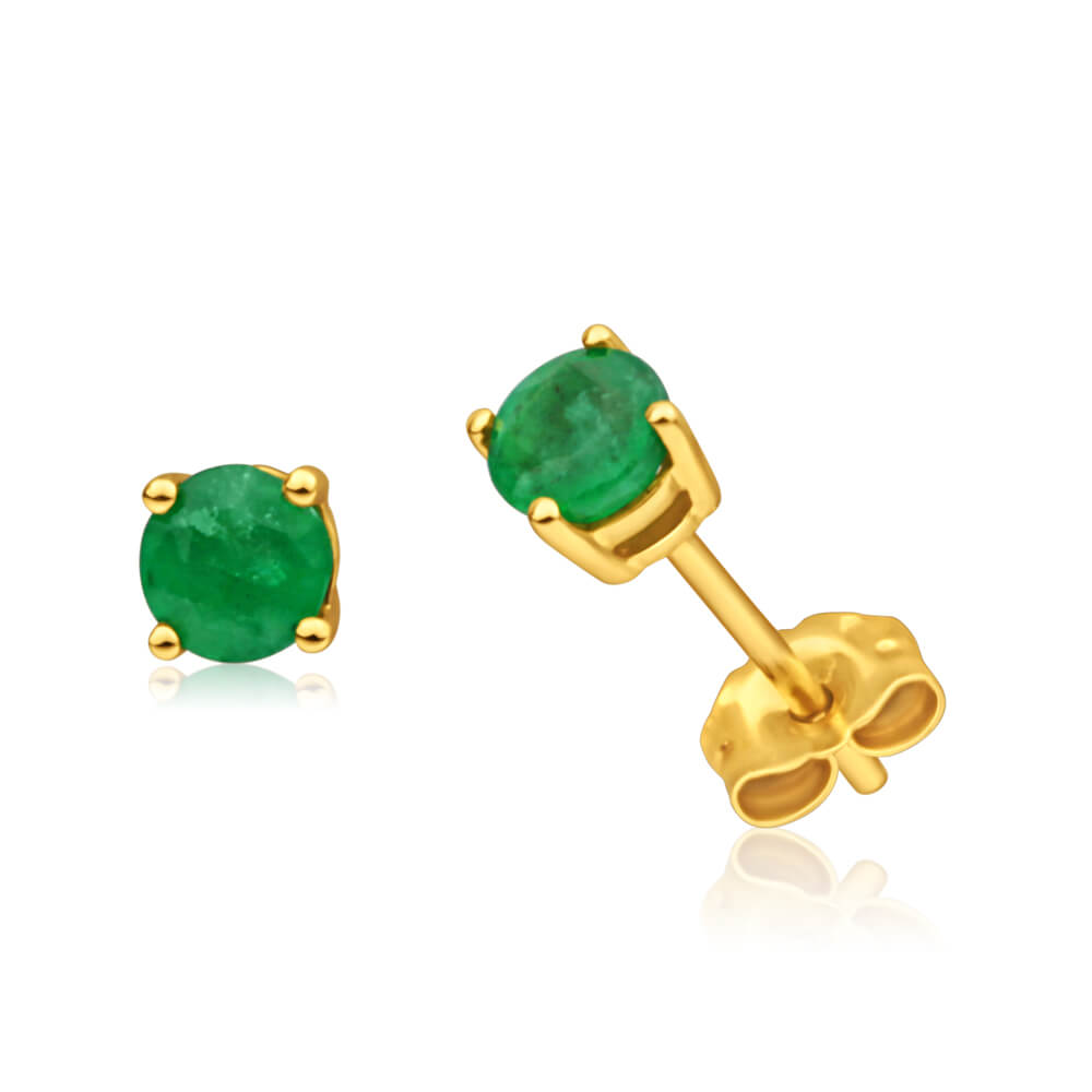 9-carat Yellow Gold Fine Natural Emerald Stud Earrings for Women - 4mm Size