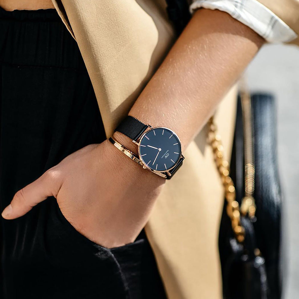 Daniel Wellington DW00100307 Petite Ashfield Elegant Eggshell White Dial Black Mesh Strap Watch