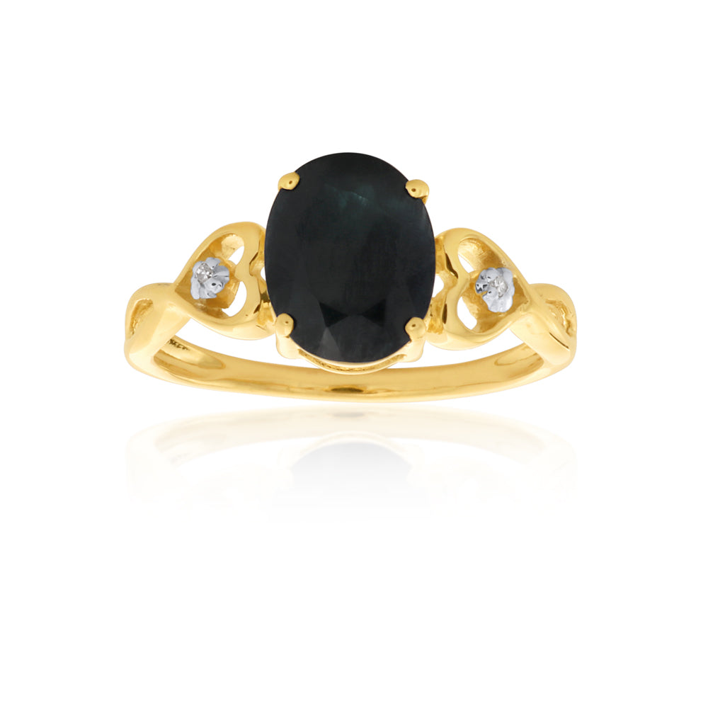 Stunning 9ct Yellow Gold Ring with Natural Black Sapphire and Two Diamonds