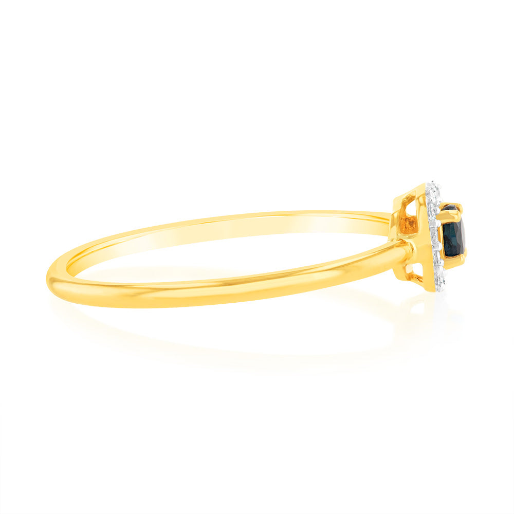 Exquisite 9ct Yellow Gold 3.0mm Sapphire Ring Embellished with 14 Diamonds
