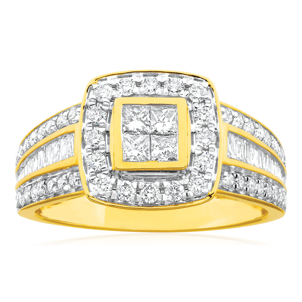 Exquisite 9ct Yellow Gold 1 Carat Diamond Engagement Ring Set Adorned with 76 Stunning Diamonds