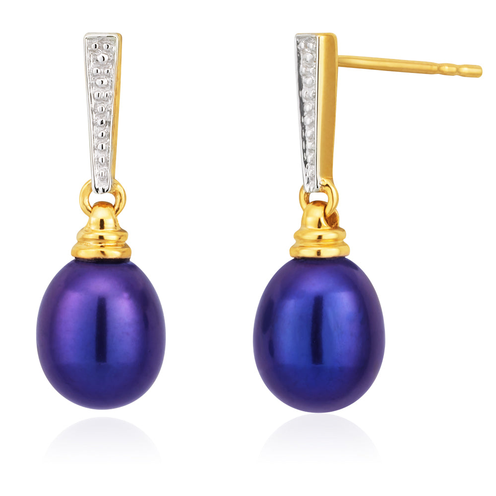 Stunning 9 Carat Yellow Gold Black Freshwater Pearl Dangle Drop Earrings for Women