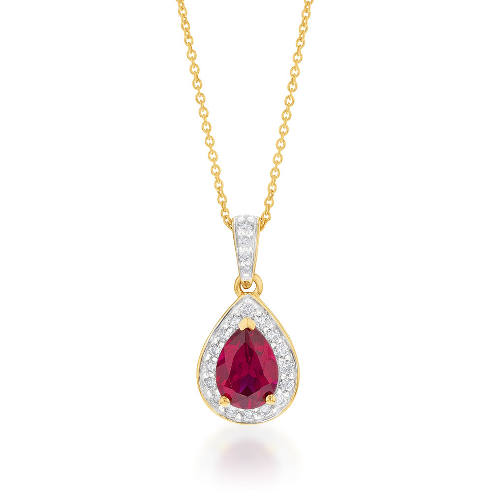 45cm Chain 9ct Yellow Gold Pendant with 0.15 Carat Diamond and 7x5mm Created Ruby Pear Halo