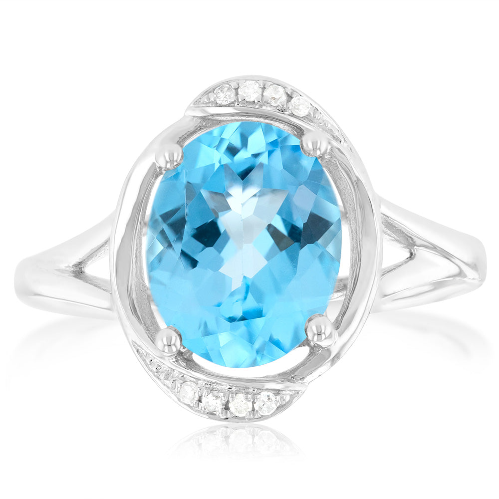 Stunning 9ct White Gold Ring with Natural Blue Topaz and Sparkling Diamonds