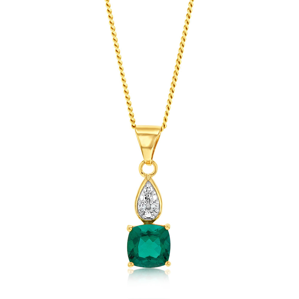 9ct Yellow Gold Pendant with Lab - Created Emerald and Subtle Teardrop Diamond