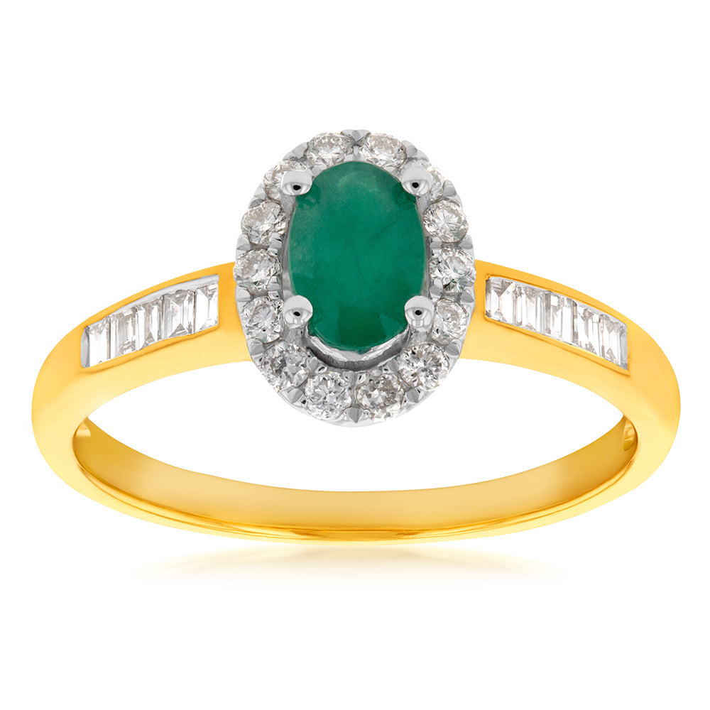 Stunning 9ct Yellow Gold Oval Halo Ring Featuring Natural Emeralds and Diamonds