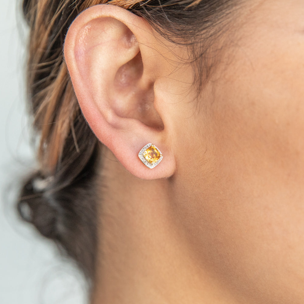 Stunning 9ct Yellow Gold 1/2ct Cushion Cut Citrine and Diamond Stud Earrings
