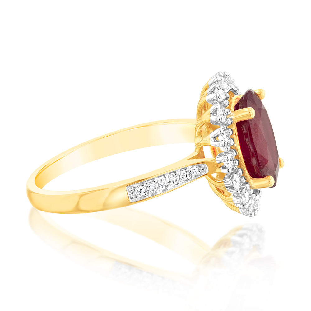 9ct Yellow Gold Ring Featuring 3 Carat Enhanced Natural Ruby and 1/3 Carat Diamonds