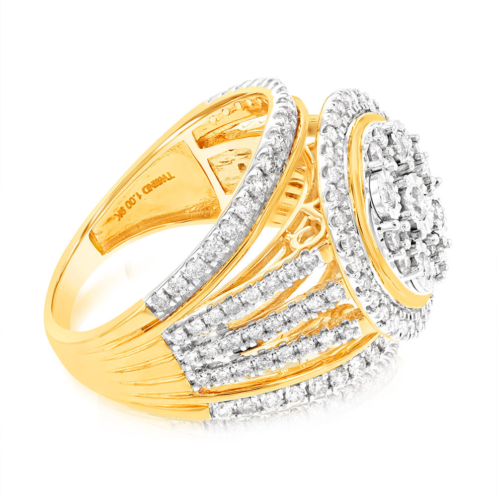 Exquisite 9 Carat Yellow Gold 1 Carat Diamond Round Cushion Shape Cluster Dress Ring for Women's Fashion