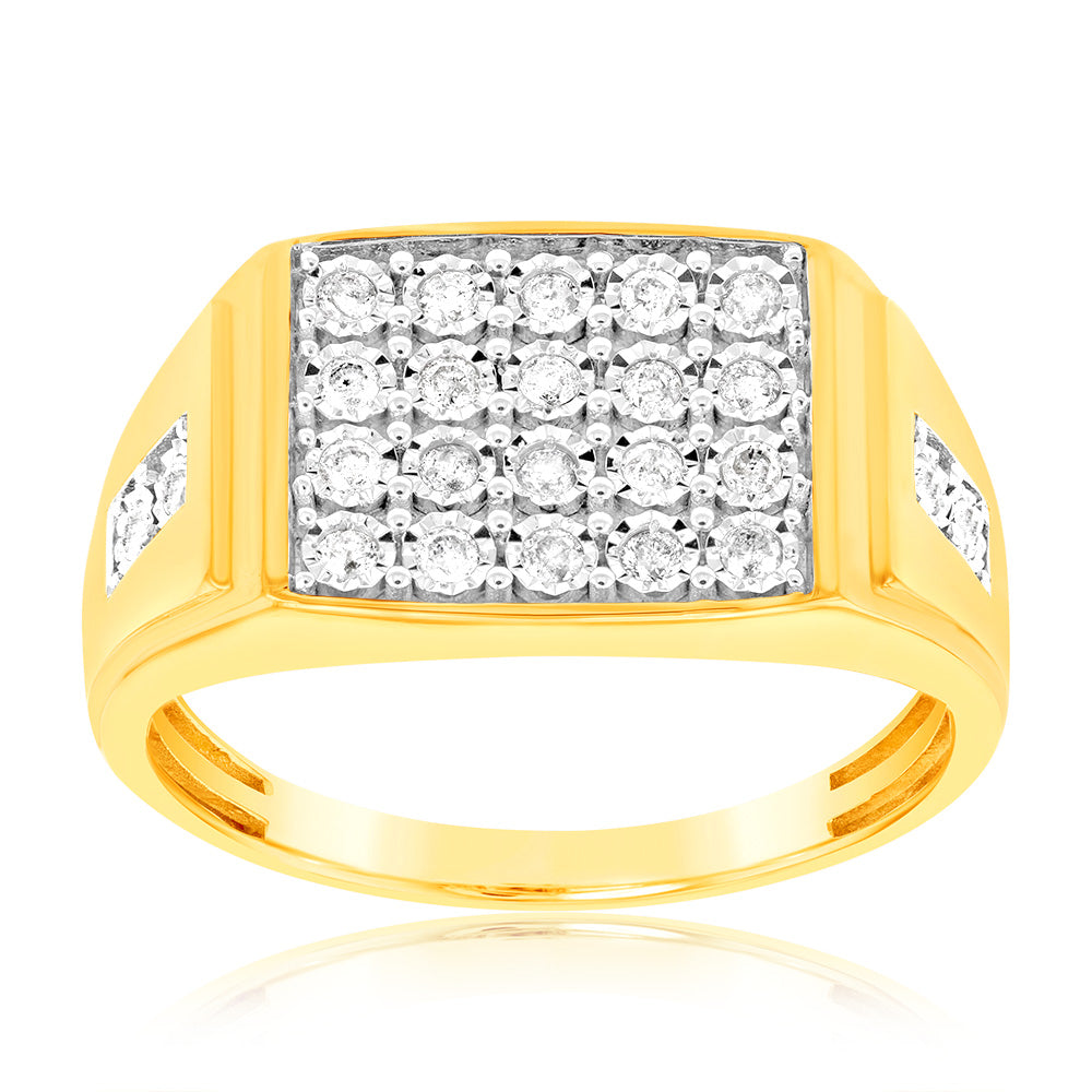 Exquisite 1/3 Carat Men's Diamond Ring Set in 9 Carat Yellow Gold with Rhodium Accents and 24 Sparkling Diamonds