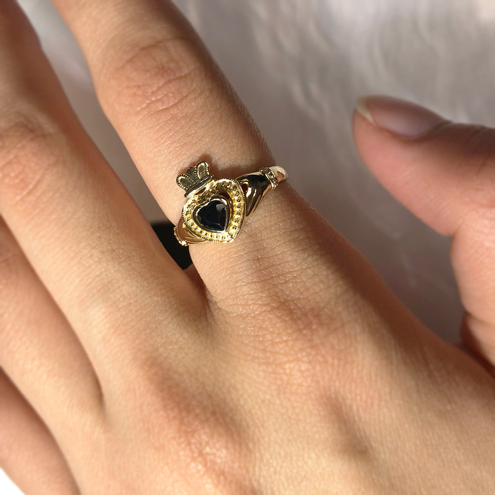 Exquisite 9ct Yellow Gold Claddagh Ring with Natural Sapphires