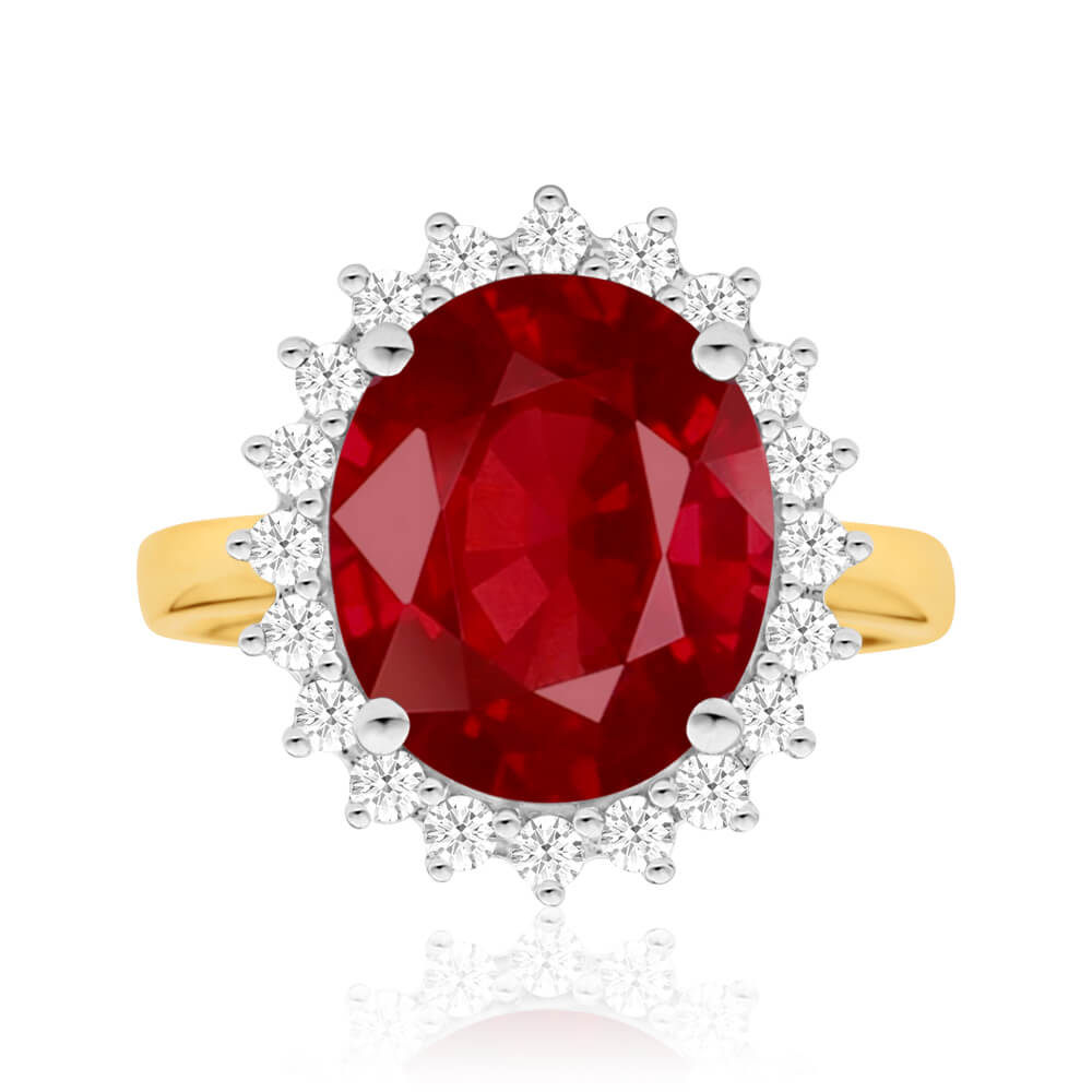 Stunning 9 Carat Yellow Gold Ring with 8 Carat Natural Enhanced Ruby and Half a Carat Diamond