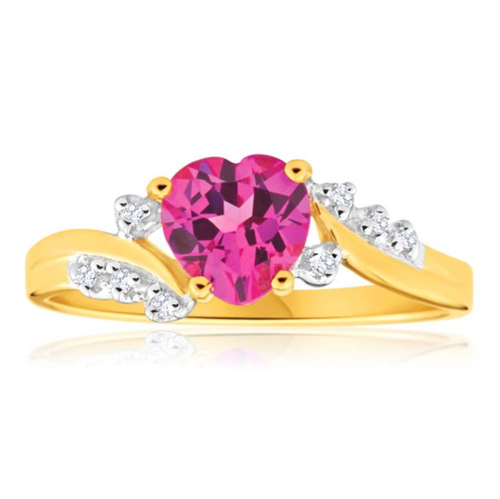 9ct Yellow Gold Ring with Hand - selected Created Pink Sapphire Heart and Brilliant Diamonds