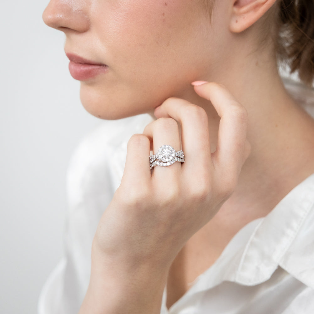 14ct White Gold 1.95-Carat Brilliant Cut Diamond Halo Bridal Two-Ring Set