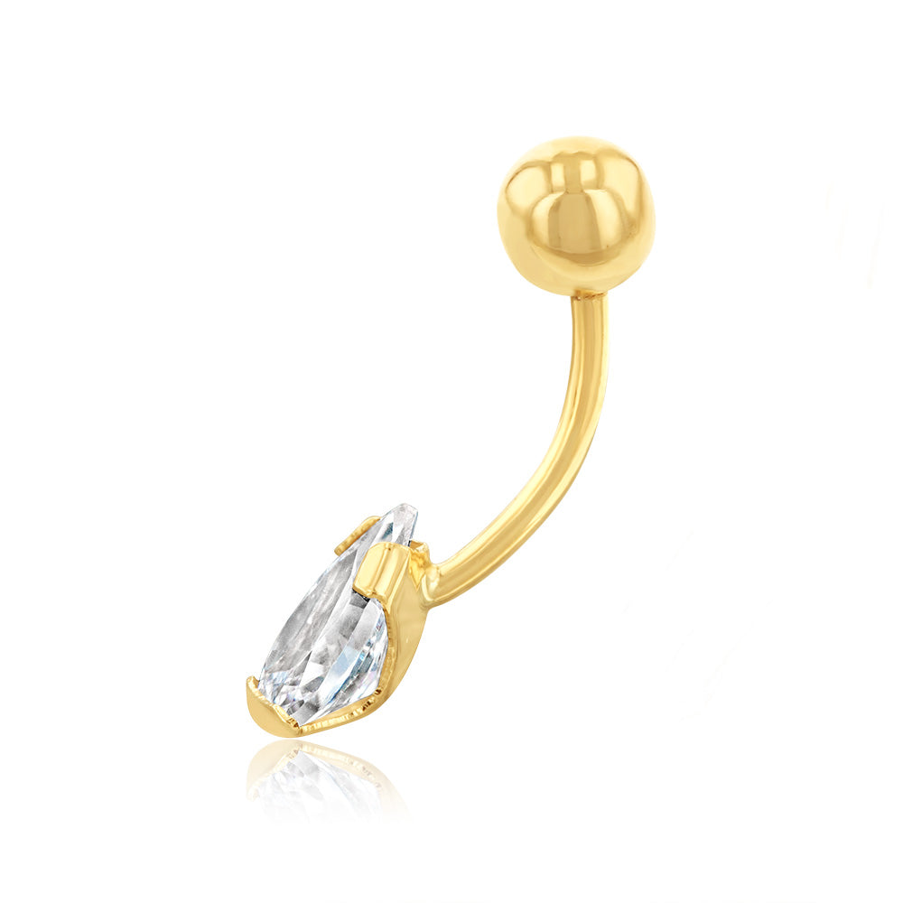 9 Carat Yellow Gold 8X5mm Pear-Shaped Belly Button Bar for Body Jewelry