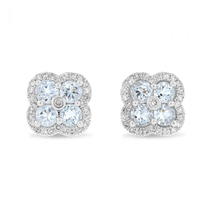 Stunning 9ct White Gold Aquamarine & 0.22ct Diamond Shamrock Stud Earrings