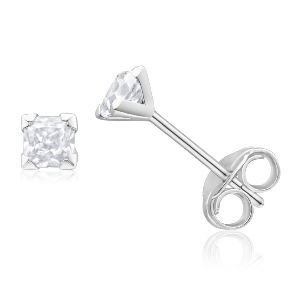 9 Carat White Gold 3 Millimeter Princess Cut Cubic Zirconia Stud Earrings for Everyday Wear