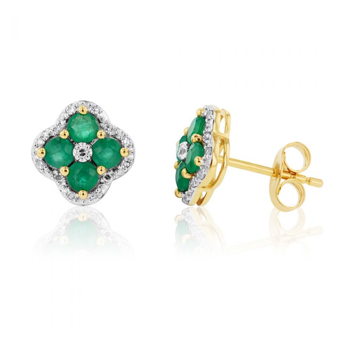 9ct Yellow Gold Stud Earrings with 1ct Natural Emerald and 0.10ct Diamond in 4 - Leaf Clover Design