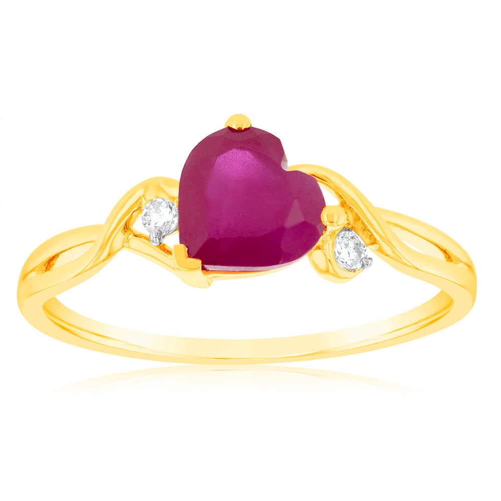 Stunning 9ct Yellow Gold 7mm Heart-shaped Ring with Lab-created Ruby and Diamond - A Fine Jewelry Piece
