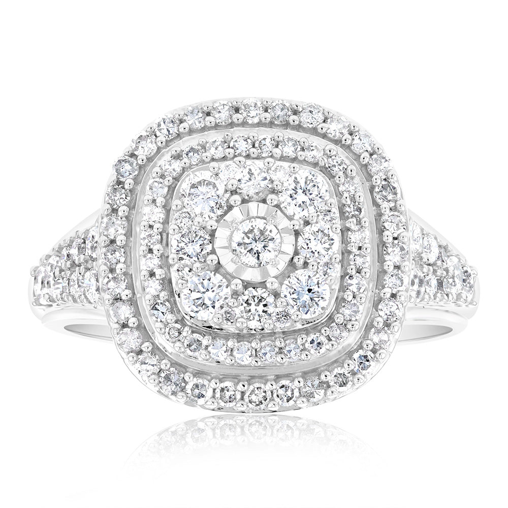 Stunning 0.95 Carat Diamond Cluster Cushion Ring in 10ct White Gold