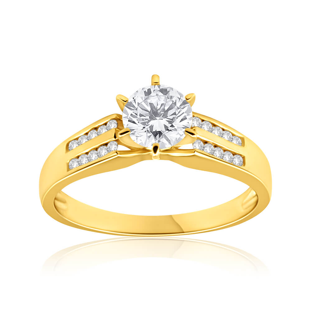 9 Carat Yellow Gold 6 Millimeter Solitaire and Channel Set Cubic Zirconia Women's Ring for Special Occasions
