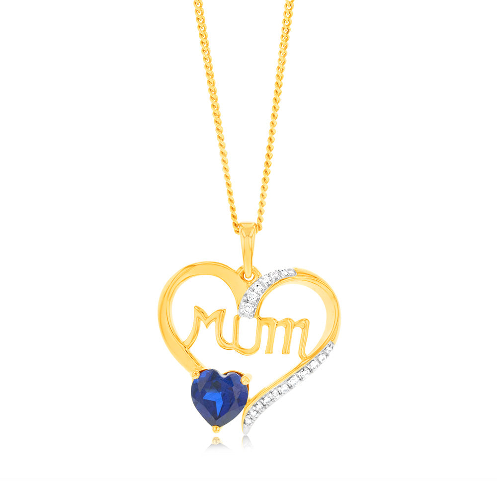 9ct Yellow Gold Crafted Heart-shaped Sapphire and Diamond Pendant for Mum