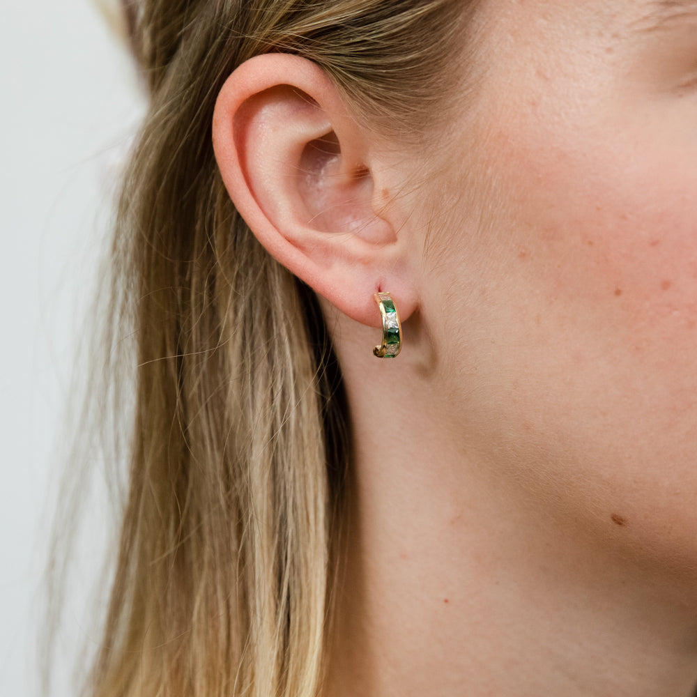 Stylish 9ct Yellow Gold Earrings with Green and White Zirconia Half Hoop Design