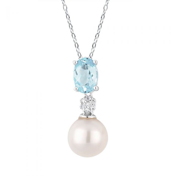 Exquisite 9ct White Gold Pendant with Pearl, Blue Topaz and Sparkling Diamonds