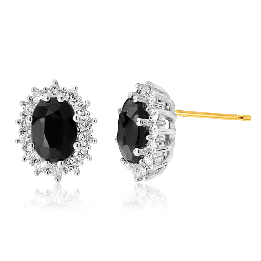 9ct Yellow Gold Stud Earrings with 7x5mm Oval Natural Sapphires and 0.42 Carat Diamonds