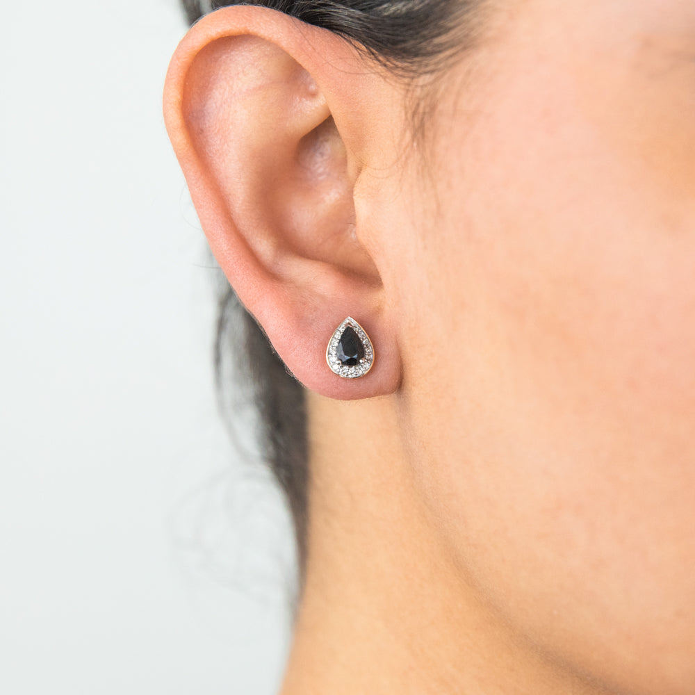 9ct Yellow Gold Stud Earrings with 0.60ct Natural Sapphire and 0.15 Carat Diamond in a Pear Halo Design