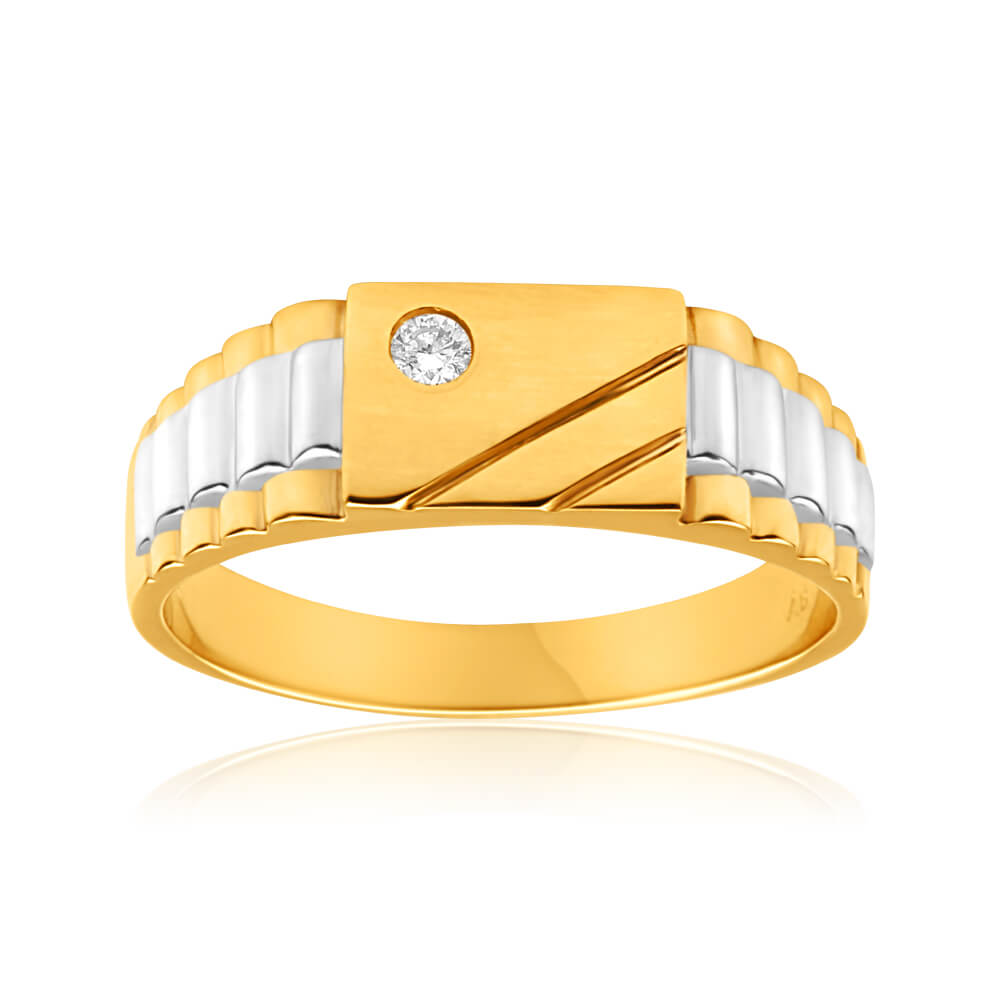 9ct Yellow and White Gold Fashionable Grooved Ring Embellished with Cubic Zirconia