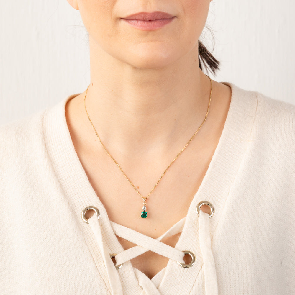 9ct Yellow Gold Pendant with Lab - Created Emerald and Subtle Teardrop Diamond