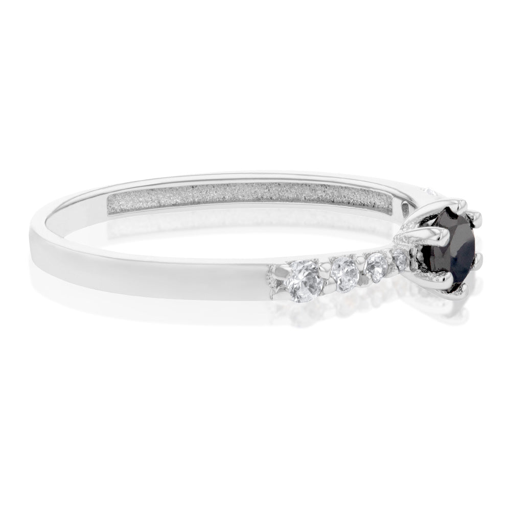 Stunning 9ct White Gold Ring with Black Zirconia Solitaire and Fancy Channel Design