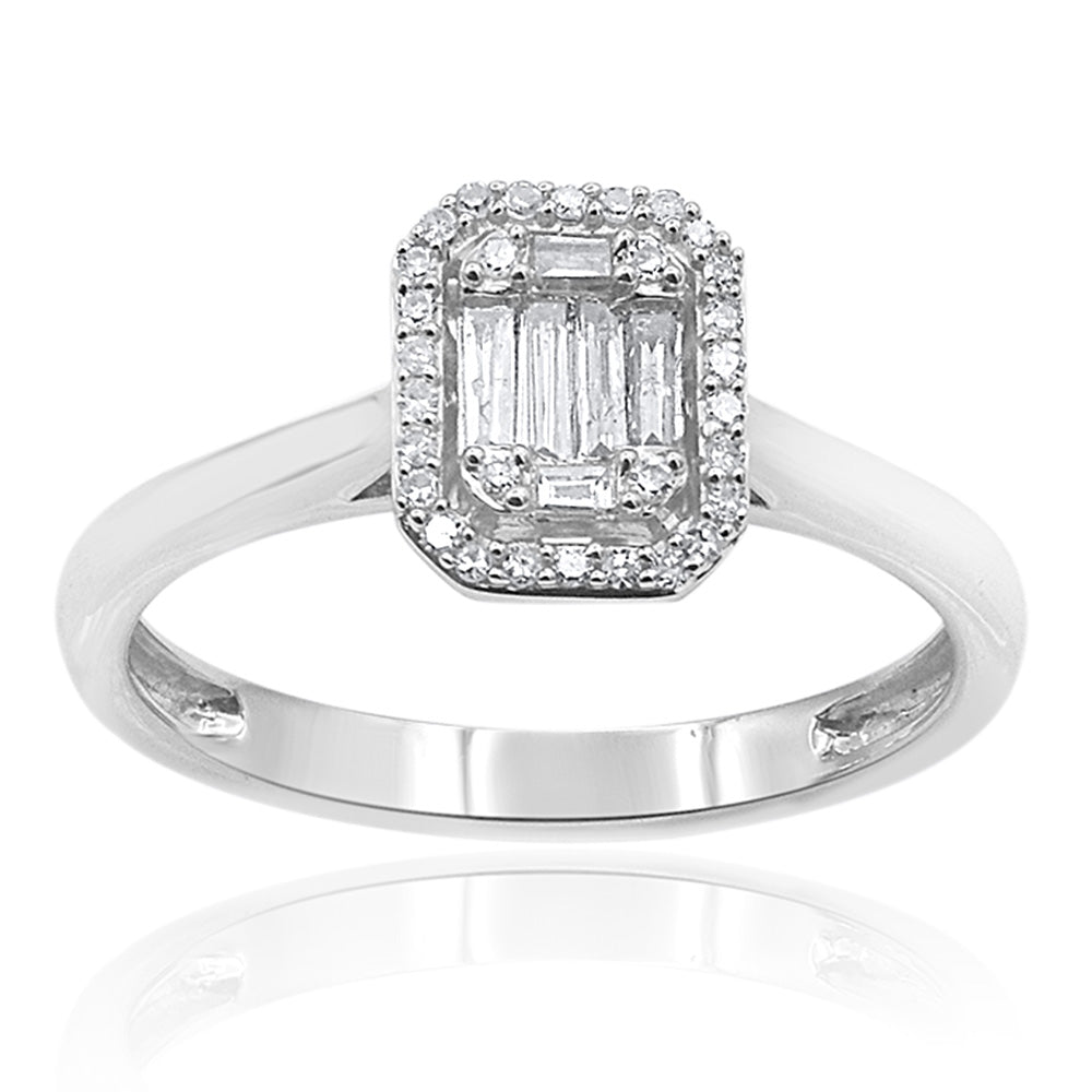 Stunning 9ct White Gold Diamond Engagement Ring Adorned with 30 Brilliant and 6 Baguette Cut Diamonds