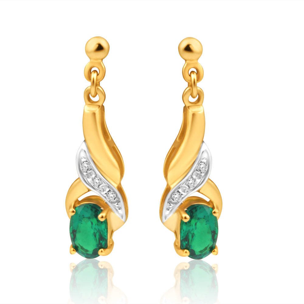 Stunning 9ct Yellow Gold Fashion Jewelry Created Emerald and Diamond Drop Earrings for Women