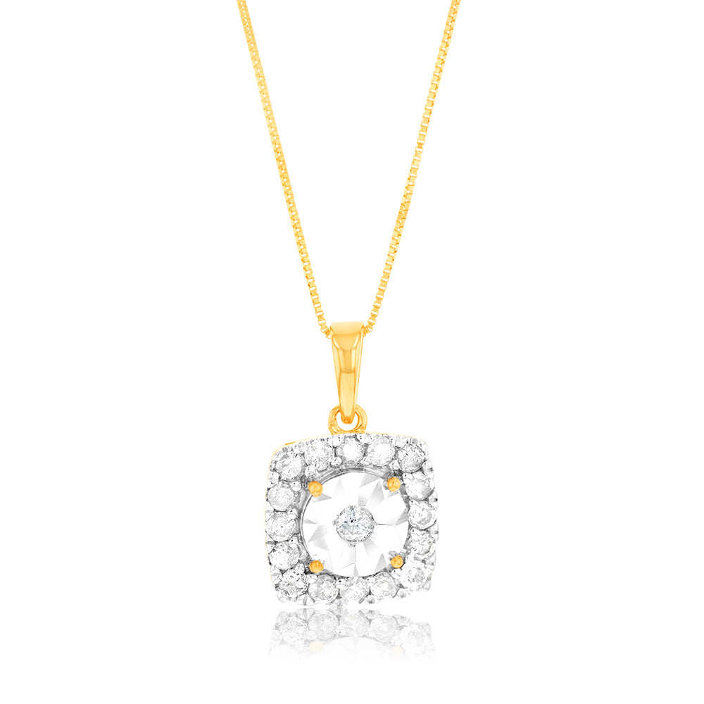 10ct Yellow Gold Square Pendant with 1/3 Carat and 17 Sparkling Diamonds