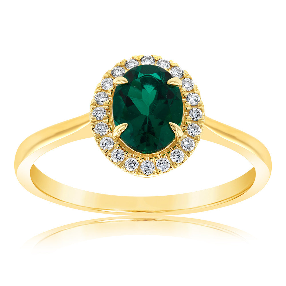 Stunning 9ct Yellow Gold Ring with Created Oval Emerald and Diamond Halo