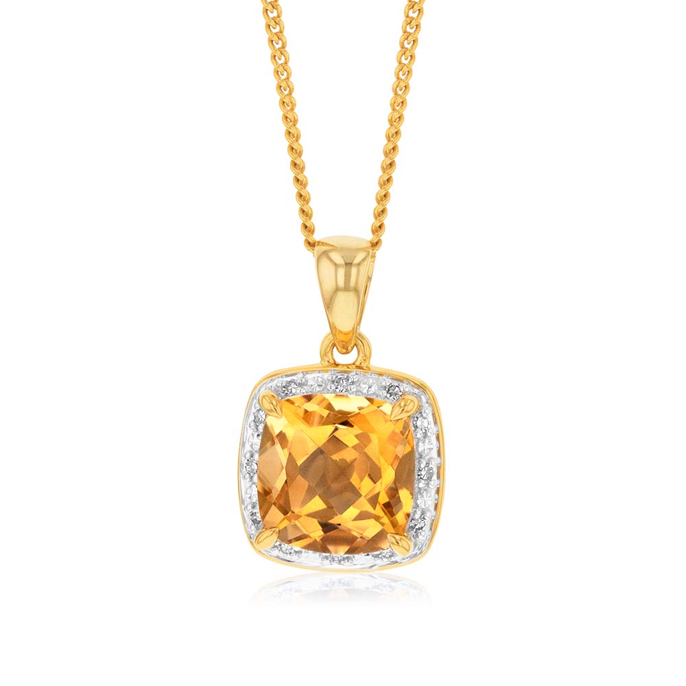 Stunning 9ct Yellow Gold Pendant with 2ct Cushion - Cut Citrine and Diamonds