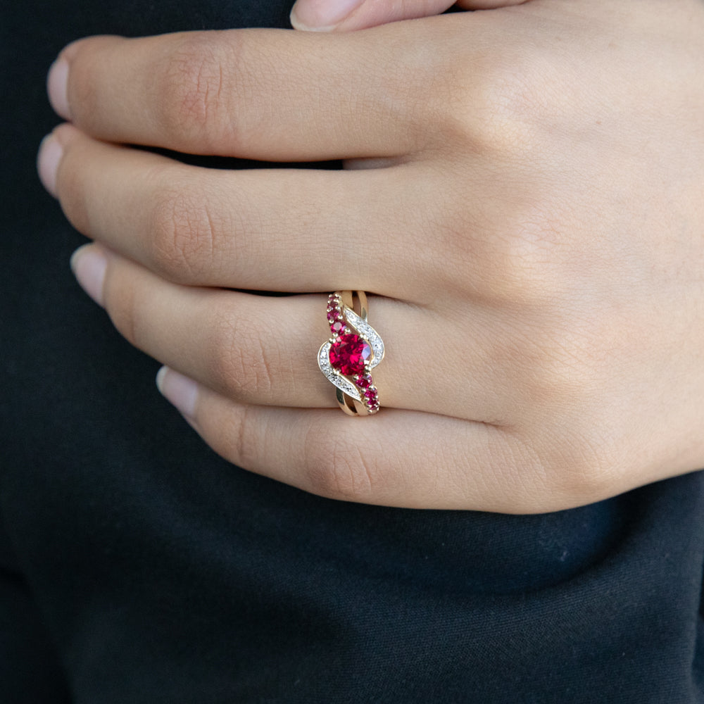 9-carat Yellow Gold Ring Featuring Lab-Created Rubies and 0.15 Carat Diamonds