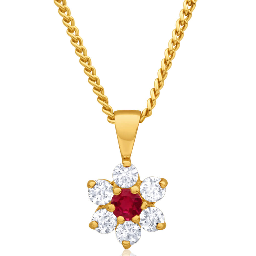 9ct Yellow Gold Fashionable Created Ruby and Cubic Zirconia Floral Pendant for Women