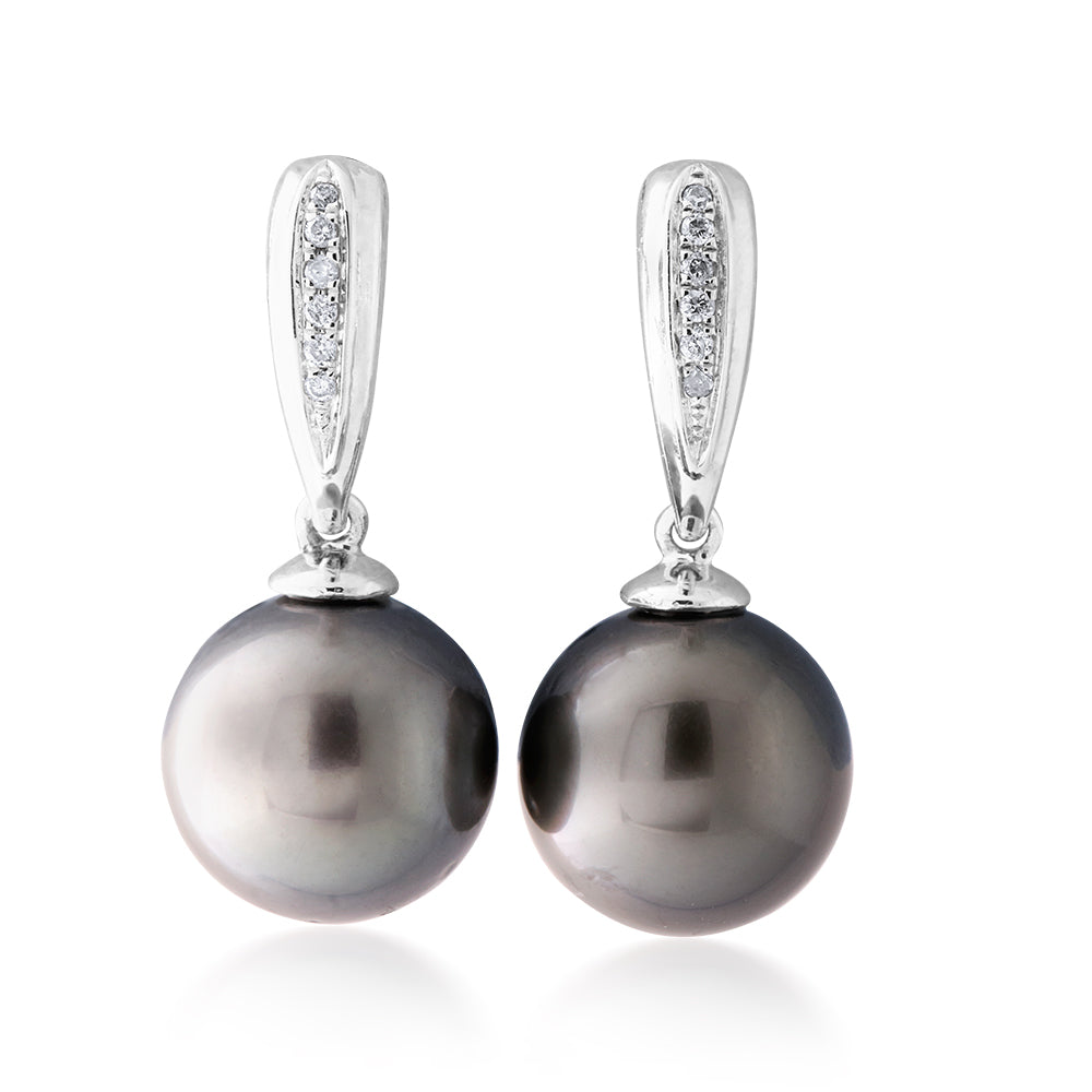9ct White Gold Tahitian Black Pearl and Diamond Dangle Earrings - A Stunning Jewelry Piece